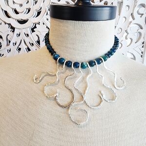 KYANITE GEMSTONE  NECKLACE/CHOKER  HAMMERED FOR TEXTURE IN .925 STERLING SILVER